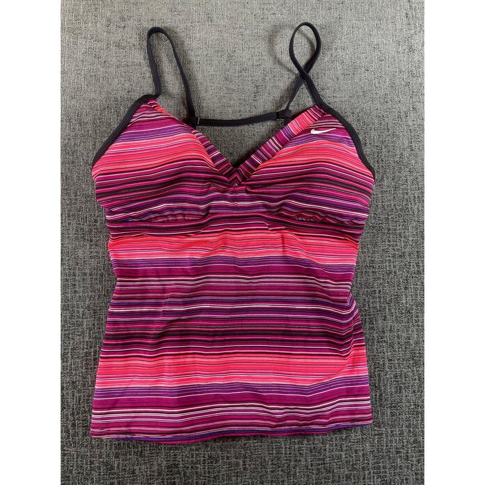 Nike Womens Striped Tankini Swim Top Pink Purple Black V-Neck Size 12